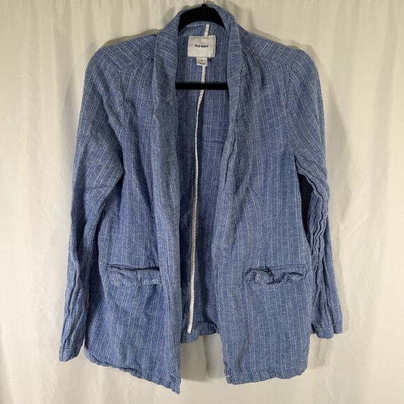 Old Navy Linen Blend Jacket Women's Medium Blue Striped Open Front Pockets - Picture 1 of 9
